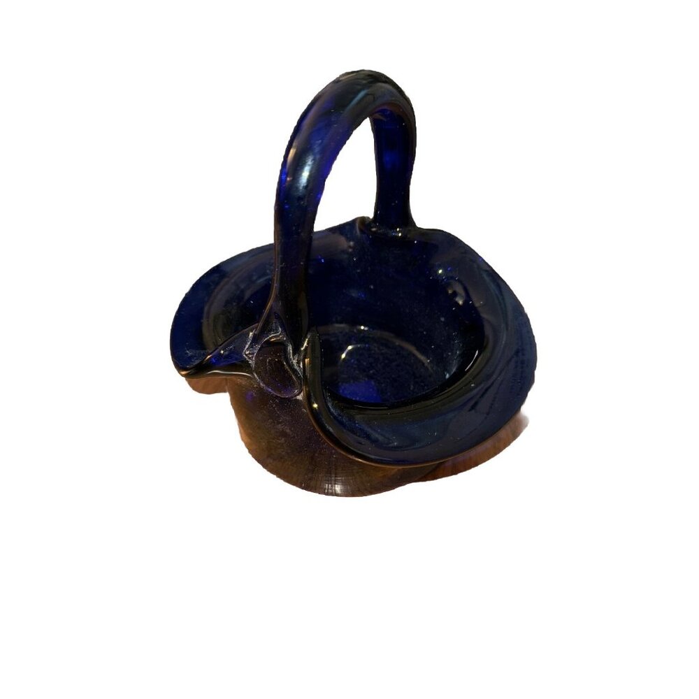 Vtg Colbalt Blue Glass Basket/heavy, 6.5" Handle Box Art Home Decor